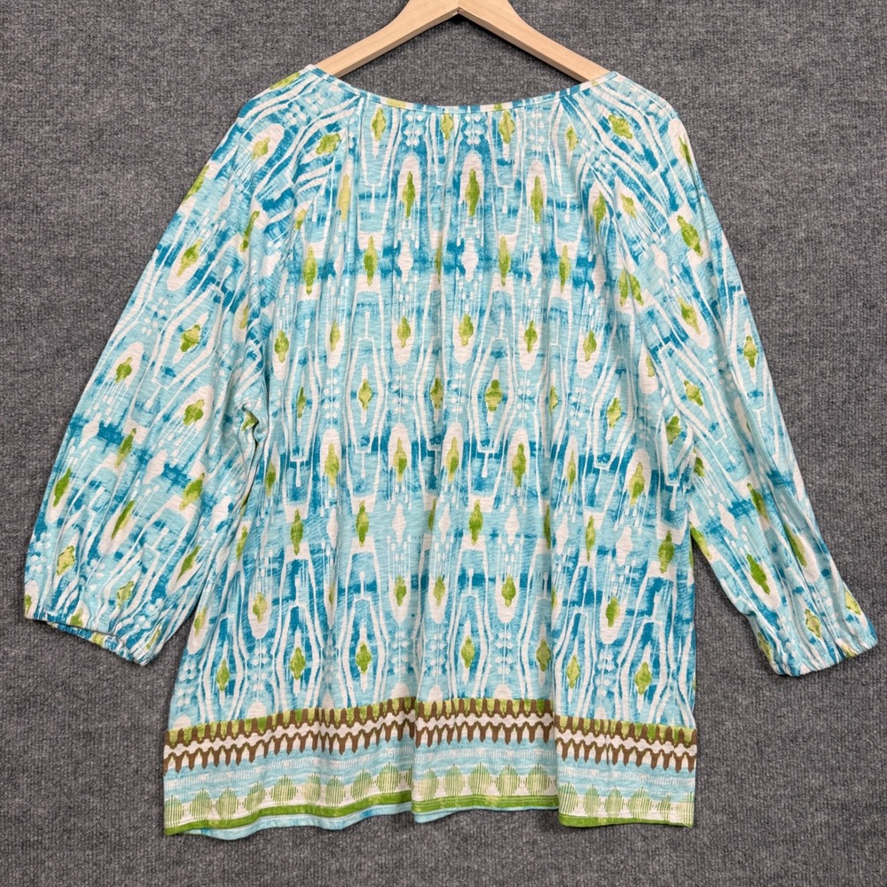 Chico's 4 US XXL Boho Peasant Top Blouse Blue Cotton Abstract Print Lace Up Tie - Picture 2 of 8